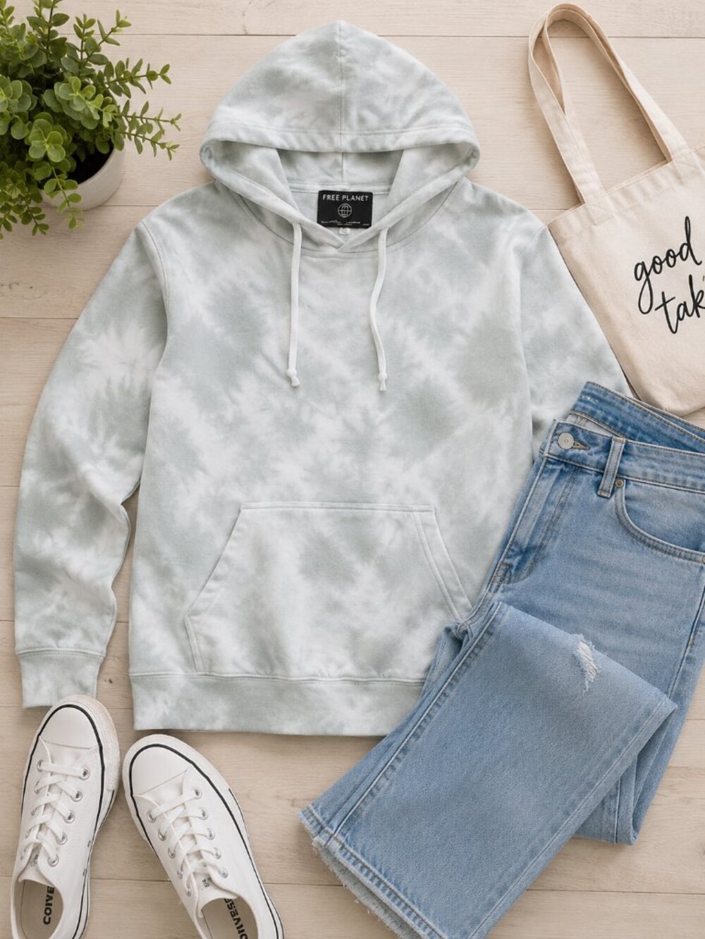 Free Planet Tie-Dye Hoodie 100% Cotton Sage Green White Pullover Small